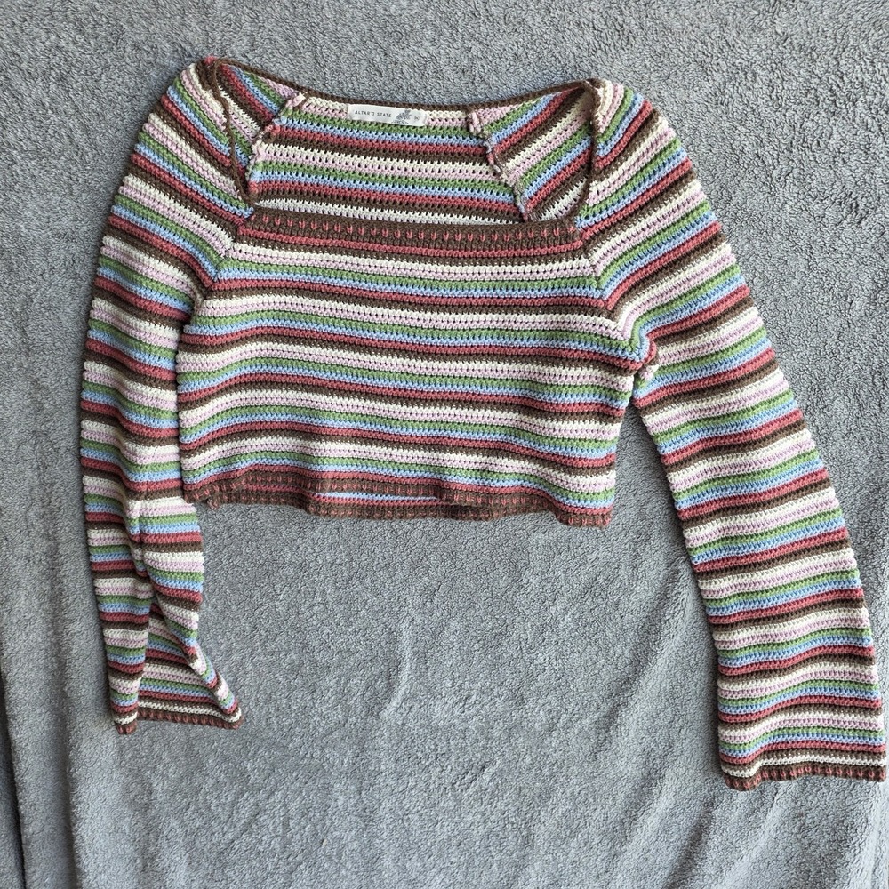 Altar'd State Long Sleeve Crochet Crop Top Striped Boho Y2k Style Size XXL